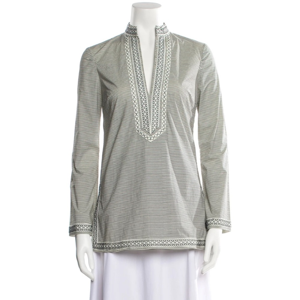 TORY‎ BURCH Skinny Stripe Tunic Top Navy White Embroidered Size 4 NWT